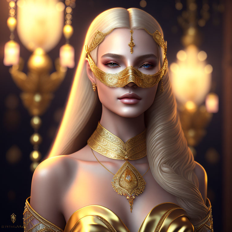 Blonde woman with mask and golden jewelry in dimly lit setting