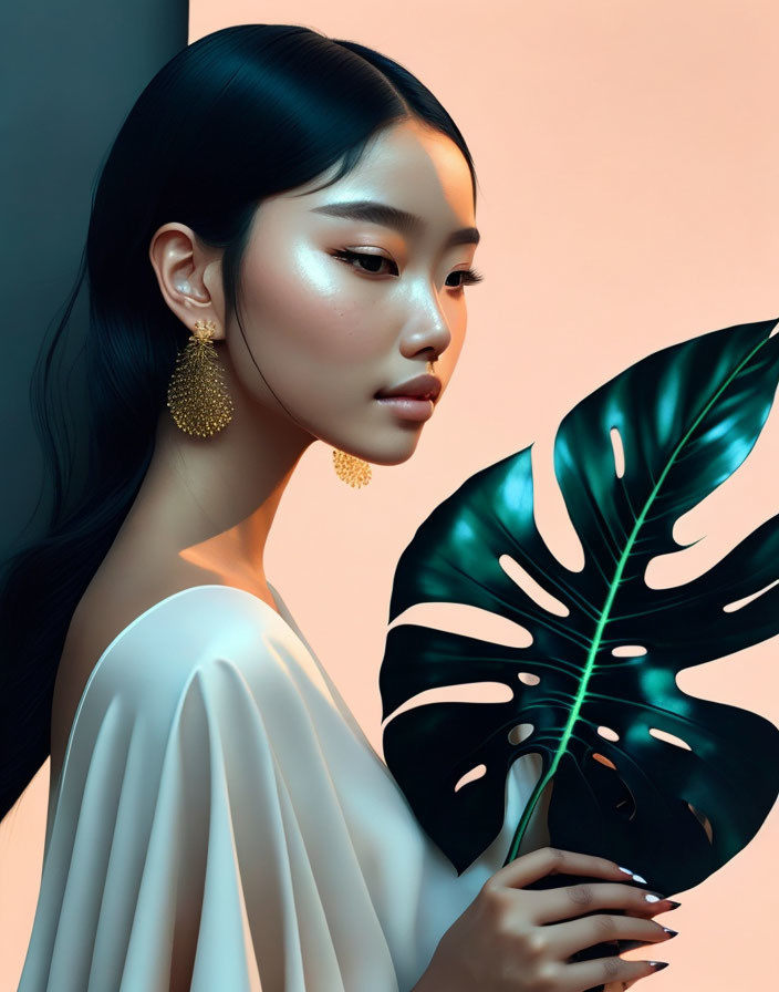 Woman with sleek hair and striking makeup holding monstera leaf on peach backdrop