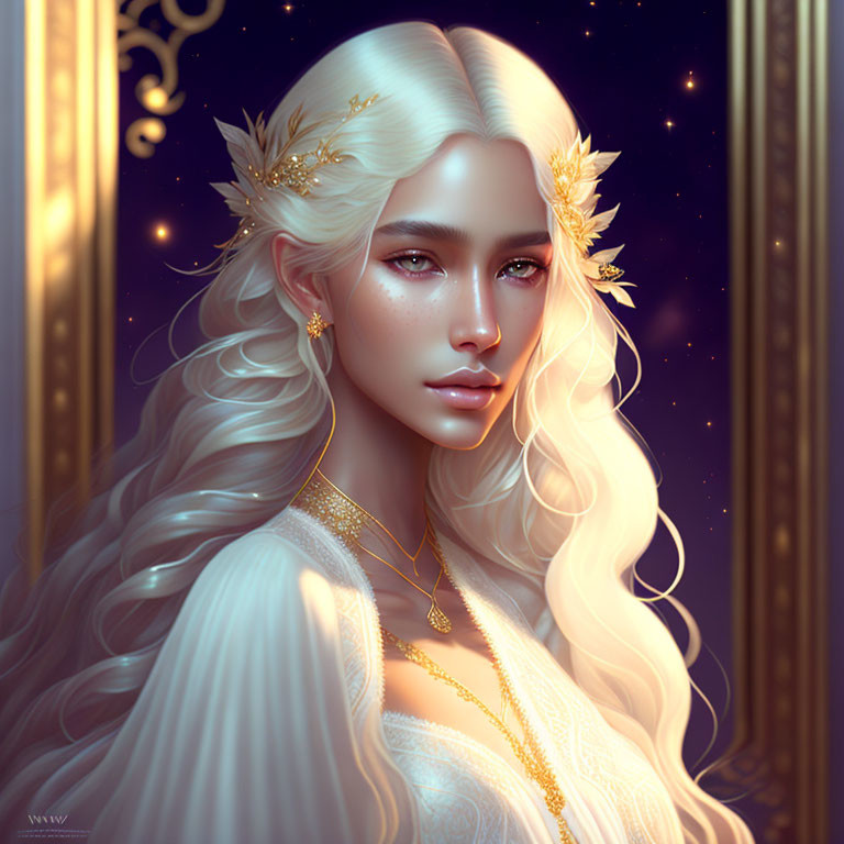 Digital artwork featuring woman with white hair and golden accessories on night background