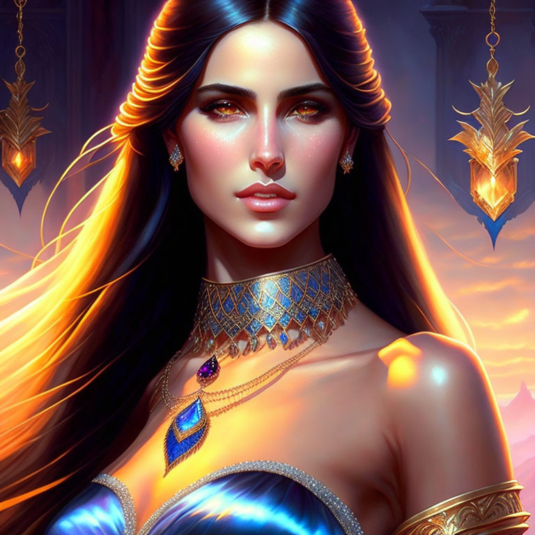 Digital artwork featuring woman with long dark hair, golden earrings, jeweled necklace, and blue off-