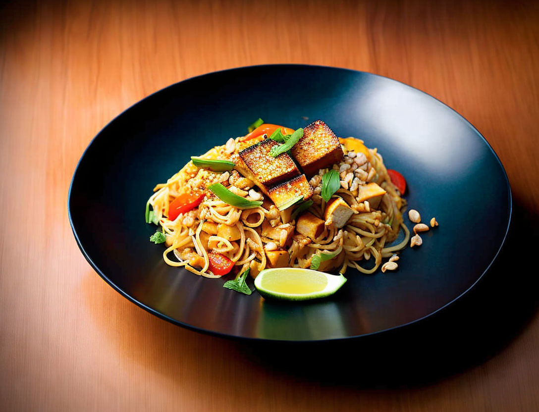 Vegetable and Tofu Stir-Fry with Noodles, Lime, Sesame Seeds,