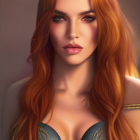 Detailed Illustration of Woman with Flowing Red Hair and Golden Accessories