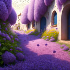 Vibrant purple flowers and blue-doored houses in charming alley