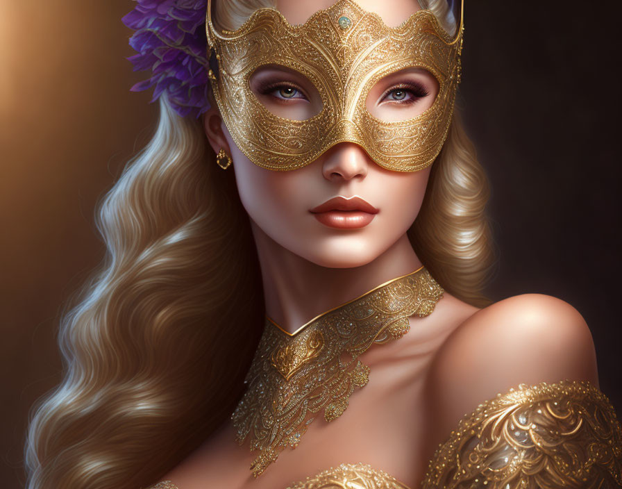 Portrait of Woman with Flowing Blonde Hair and Ornate Golden Mask