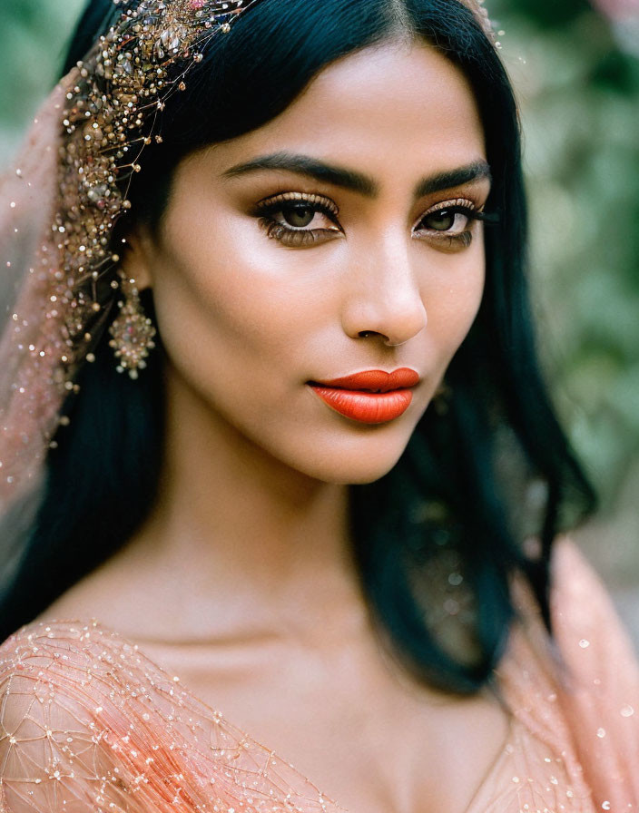 Dark-haired woman with orange lipstick and elaborate headpiece on green background