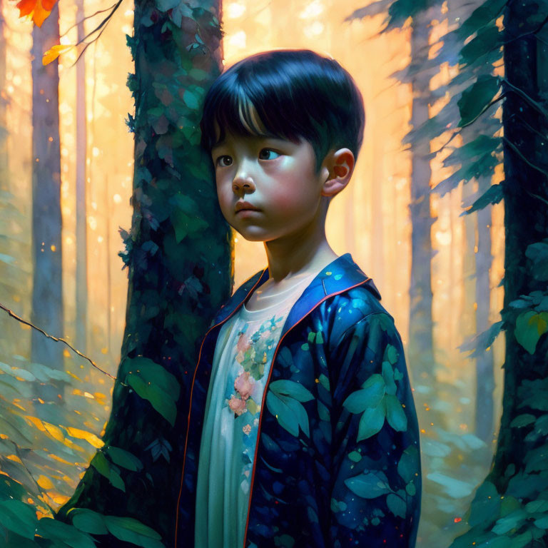 Child in floral robe standing in forest light portrait.