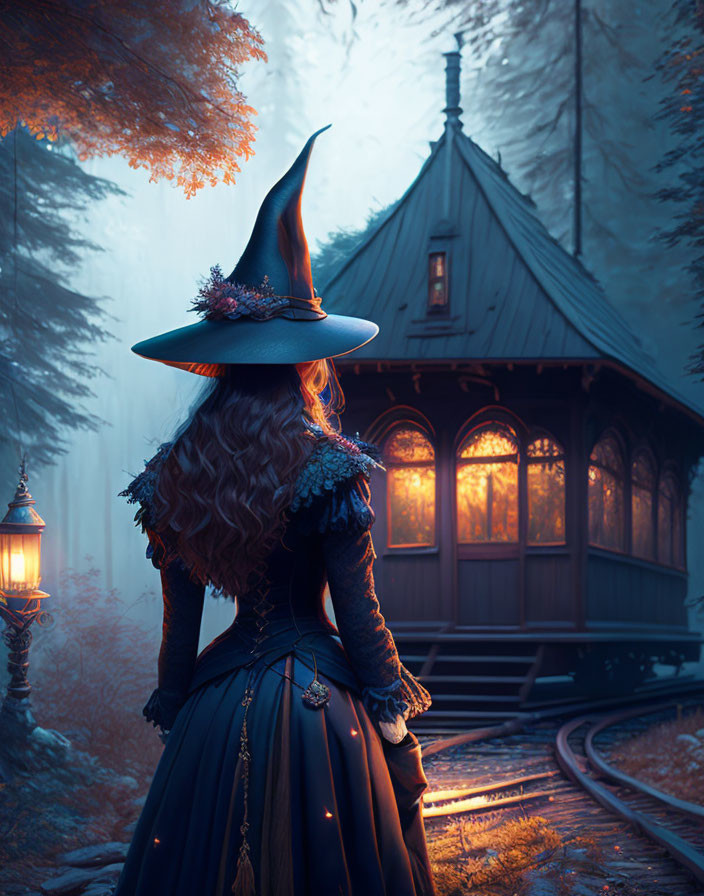 Woman in Blue Dress and Witch's Hat by Quaint Cabin in Ethereal Forest at Twilight