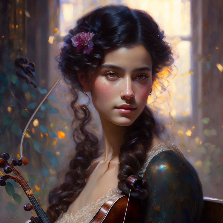 Portrait of Woman with Floral Hair Accessory Holding Violin in Warm, Dappled Light