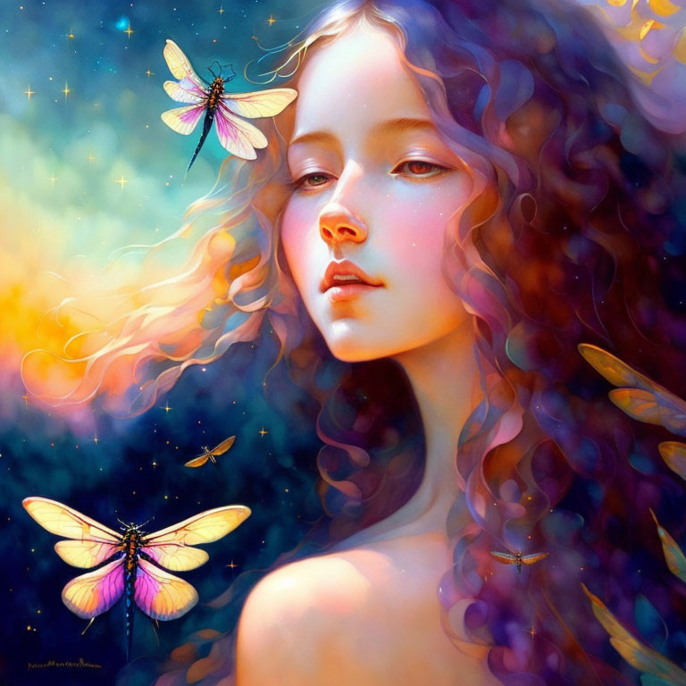 Colorful painting of girl with curly hair and dragonflies in starry setting