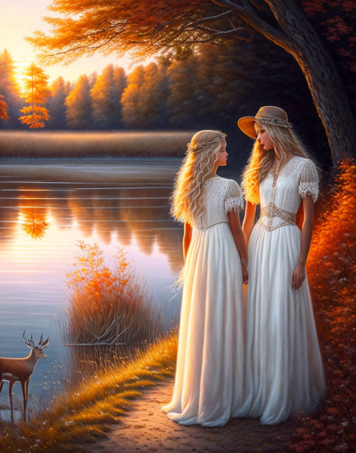 Women in white dresses by lake at sunset with autumn trees and deer.