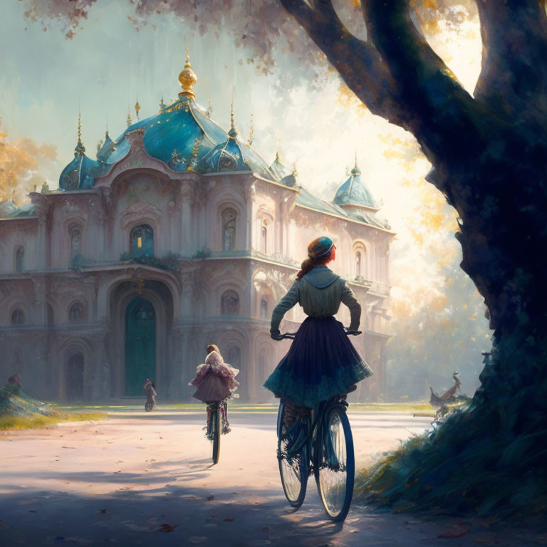 Vintage-dressed woman admires palace with child on bicycle in warm sunlight