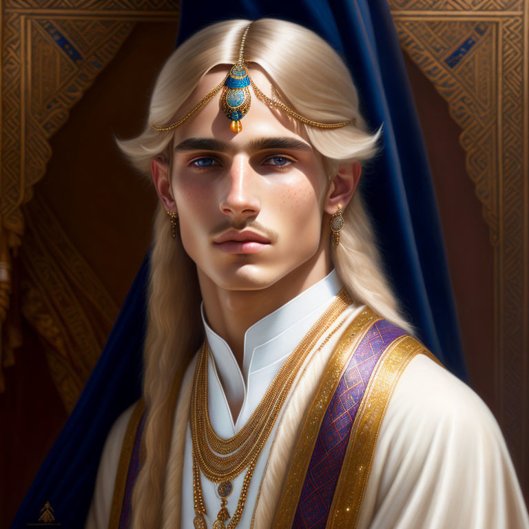 Ethereal male figure with blonde hair and ornate jewelry on blue cloak against patterned backdrop