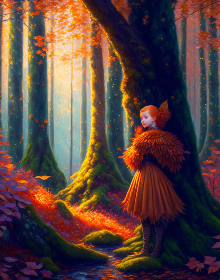 Child in feathered cape gazes at sunlit autumn forest