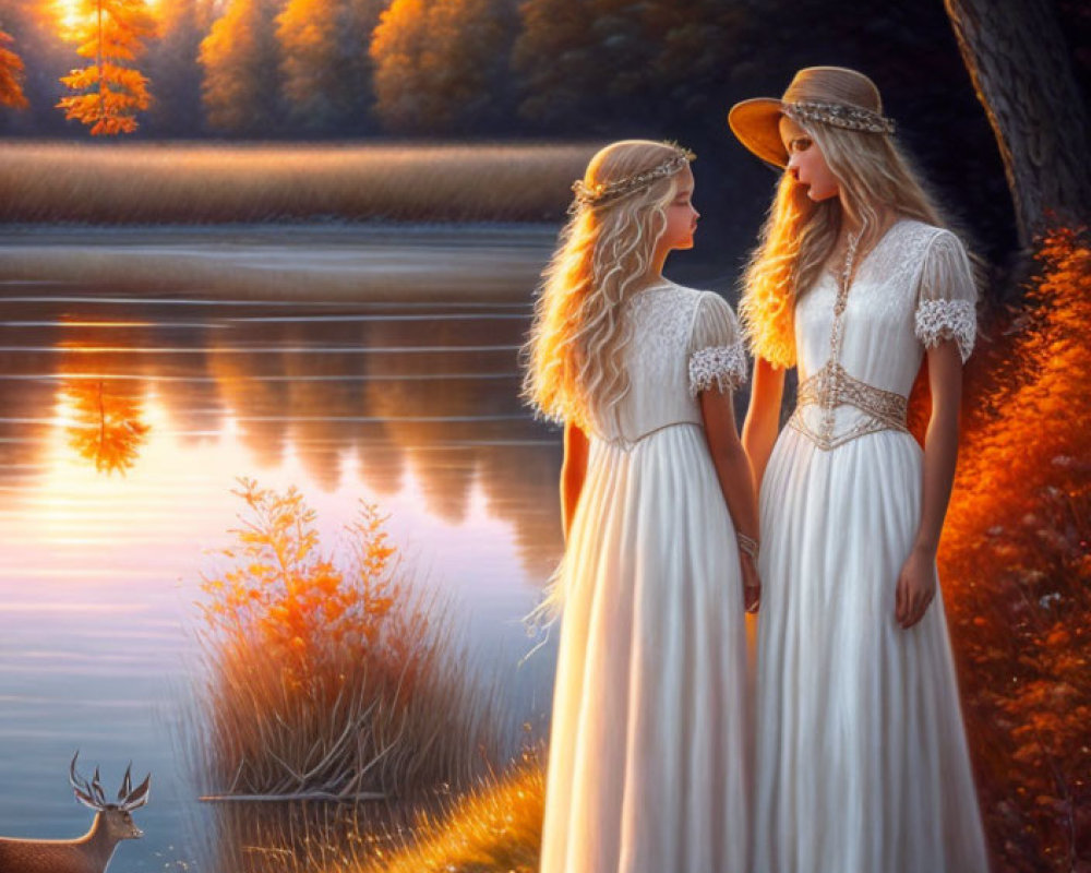 Women in white dresses by lake at sunset with autumn trees and deer.