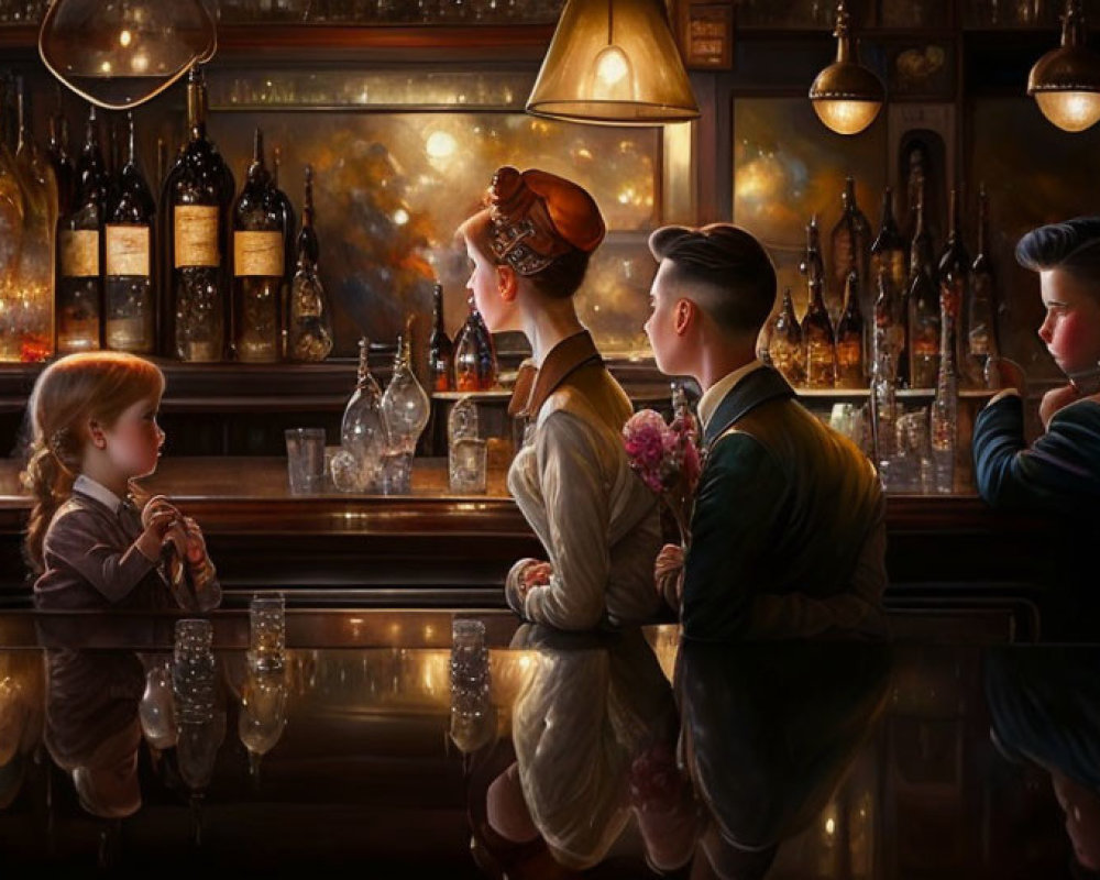 Stylized painting of four children at a bar in elegant attire