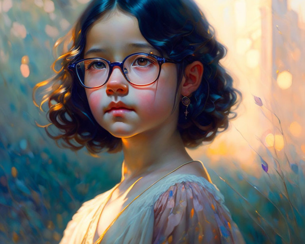 Curly-Haired Girl with Glasses in Sunlit Nature Setting