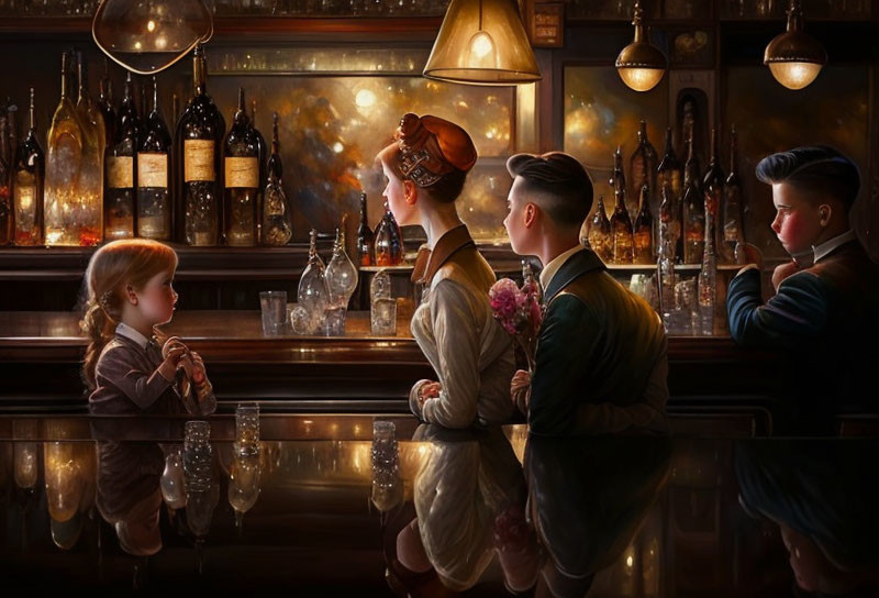 Stylized painting of four children at a bar in elegant attire