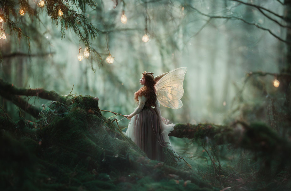 Fairy costume with translucent wings in misty forest with glowing lights