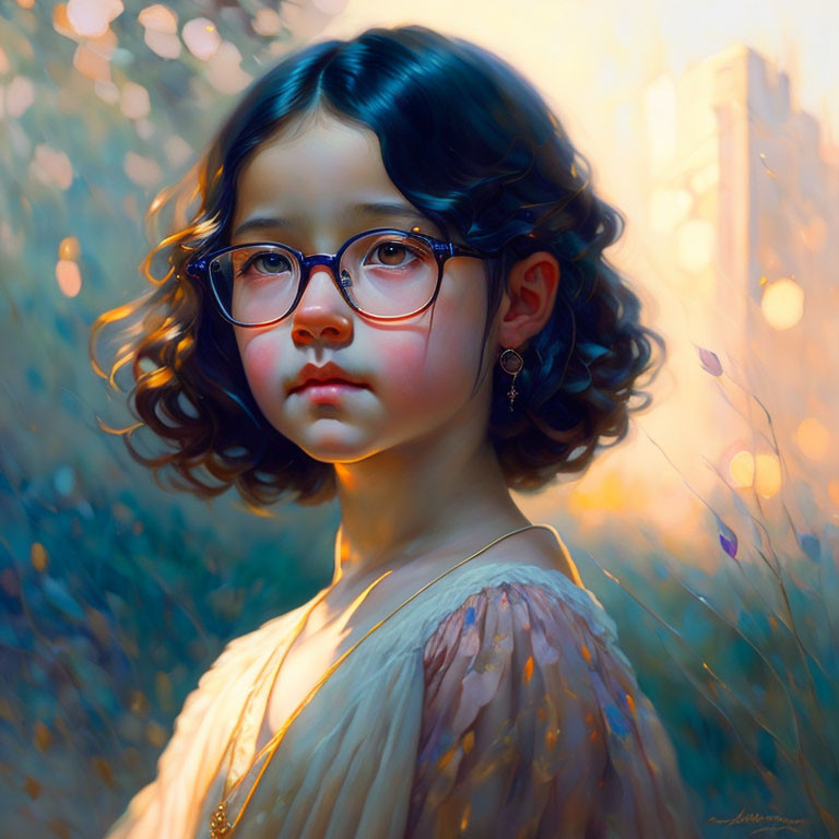 Curly-Haired Girl with Glasses in Sunlit Nature Setting