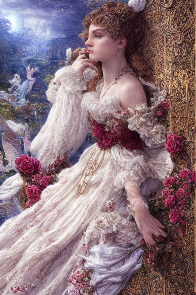 Woman in ornate white dress with red roses in surreal setting.