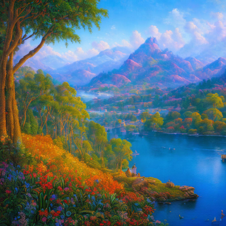 Tranquil landscape with vibrant flowers, serene lake, boats, and distant mountains