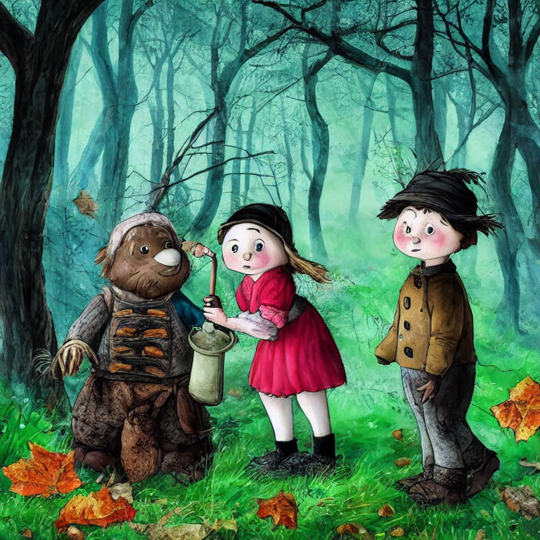 Whimsical forest scene with girl, bear-like creature, and boy in cap