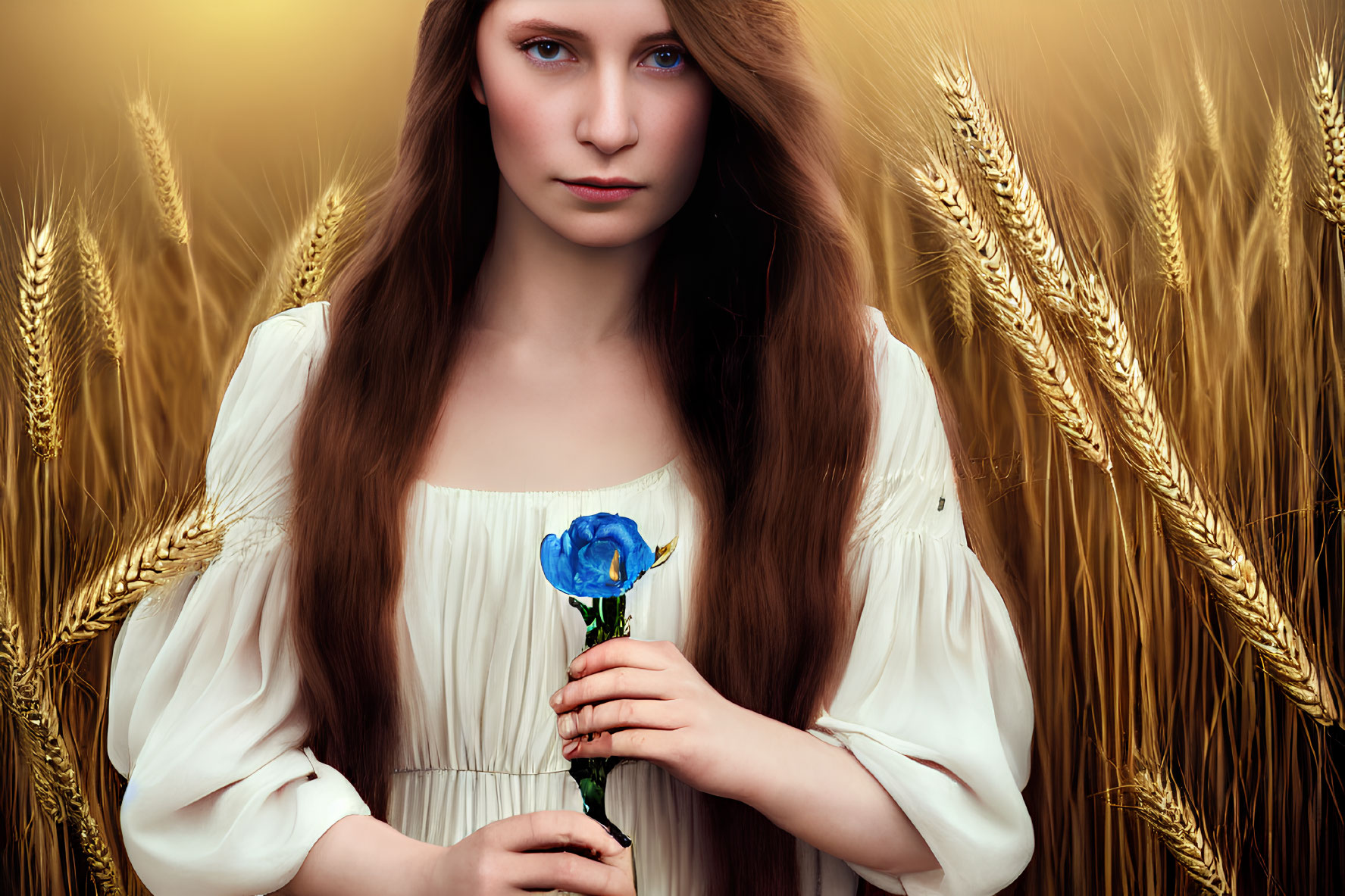 Woman in white dress with blue flower in golden wheat field