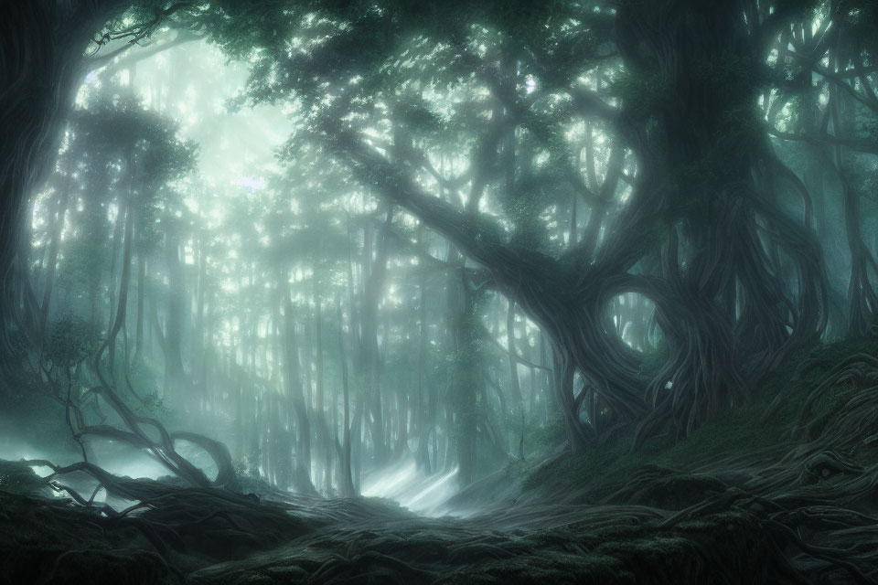 Enchanting forest scene: dense trees, entwined roots, ethereal light rays.