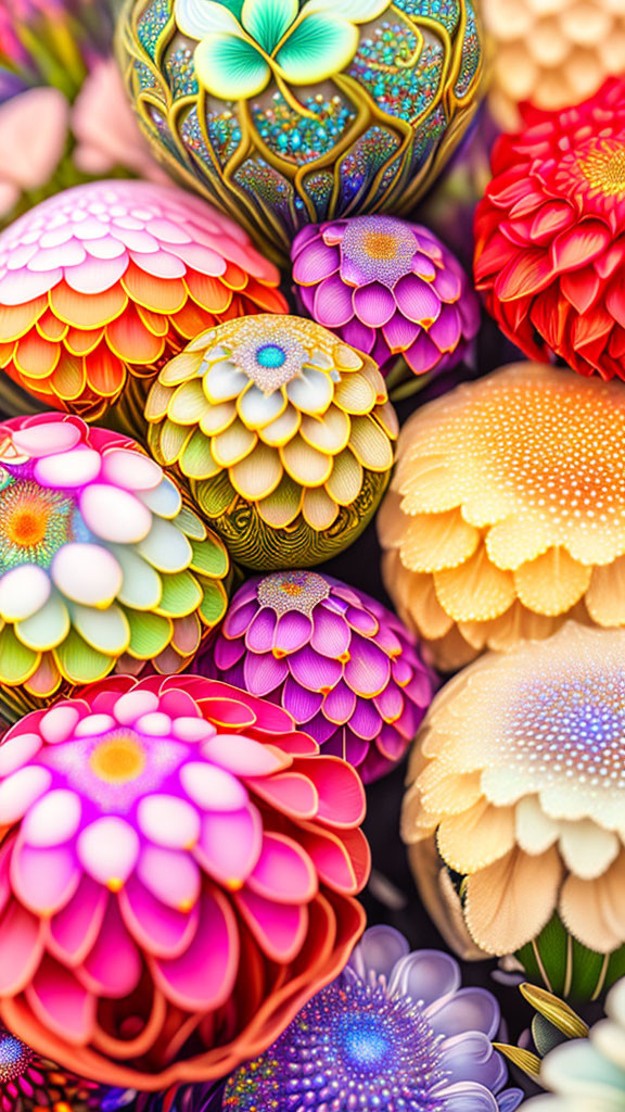 Colorful Flower Collection and Ornate Decorated Egg Artwork