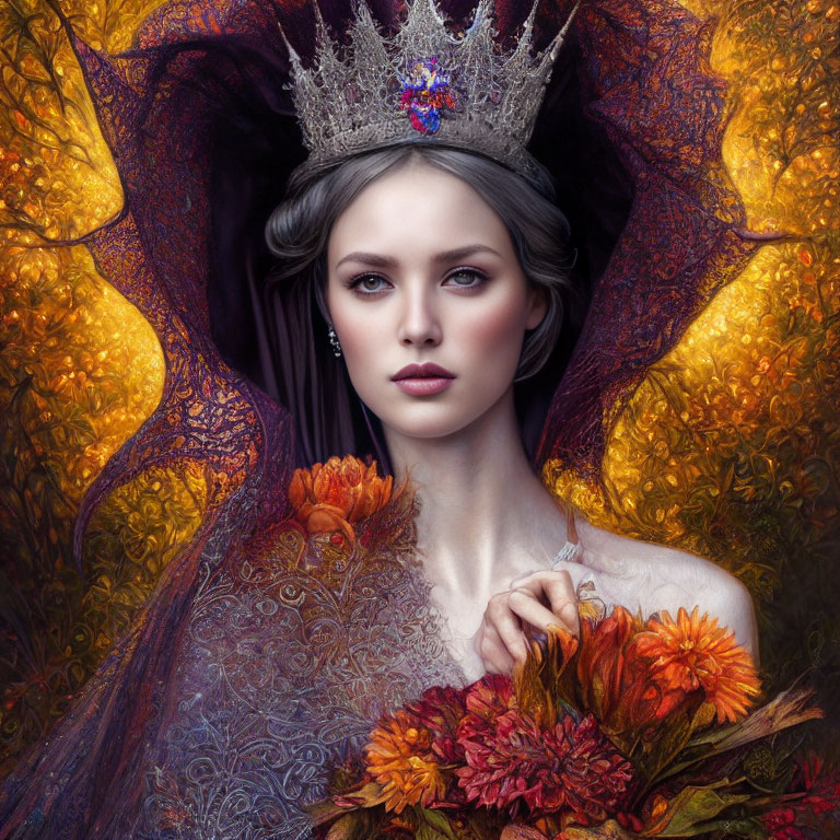 Regal woman with crown and ornate cape surrounded by golden foliage and holding flowers