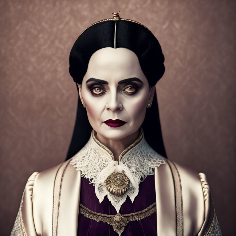 Pale-skinned woman in dark hair, Victorian purple dress with lace collar and brooch