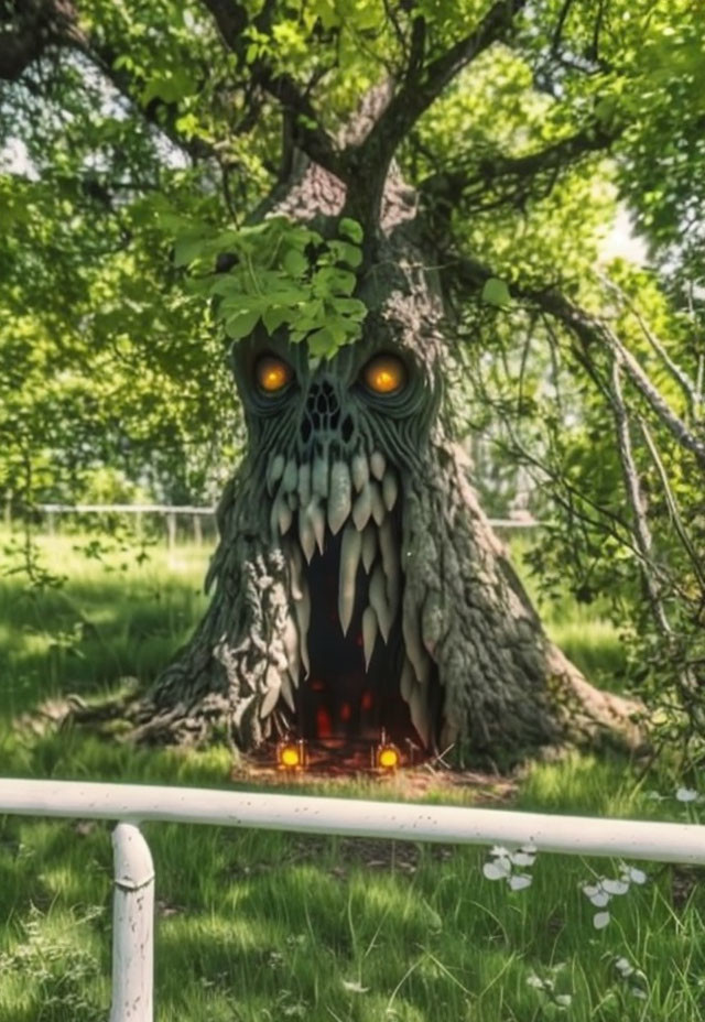 Carved owl face tree with glowing eyes in lush green park