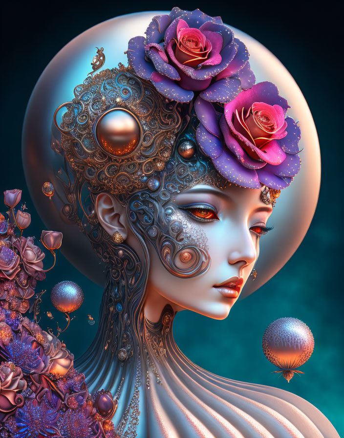 Surreal portrait of female figure with metallic adornments, roses, and spheres