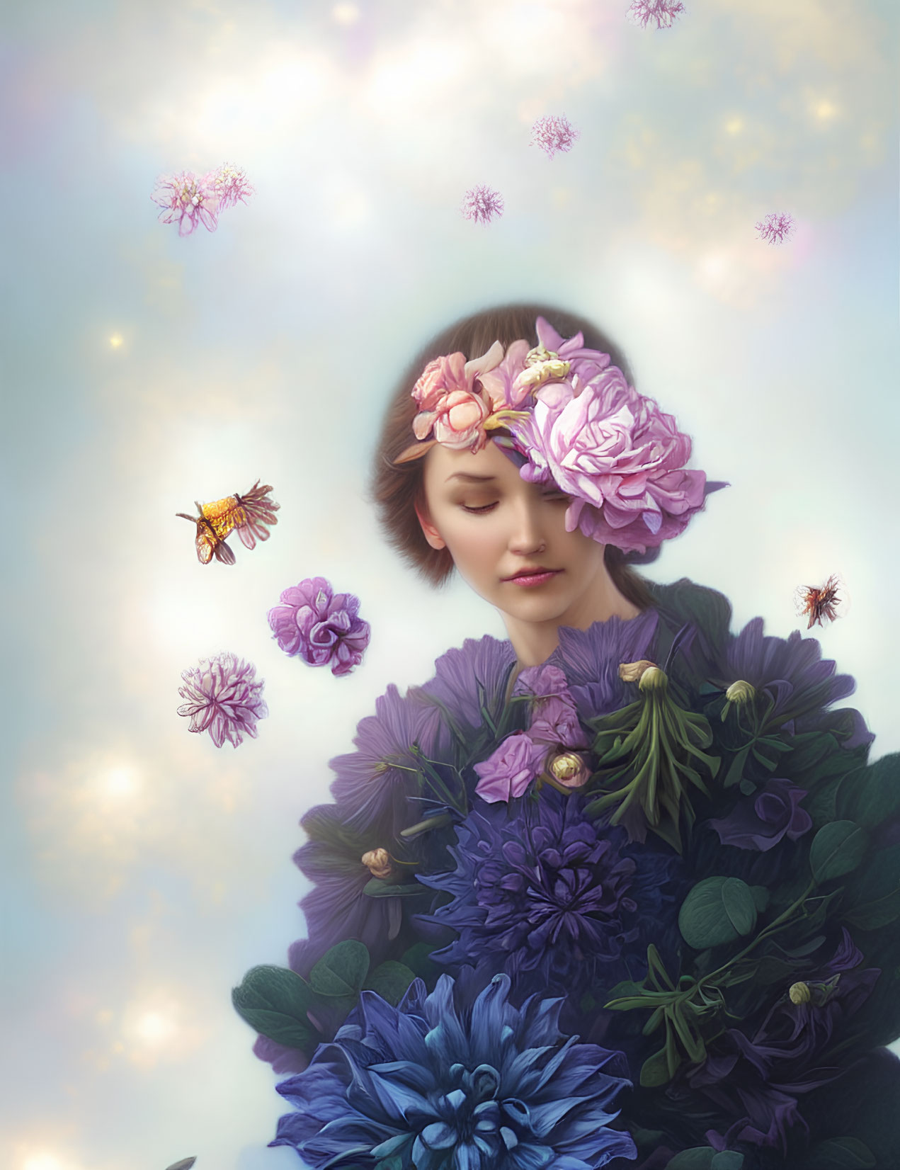 Illustration of person with closed eyes and floral crown in serene ambiance.