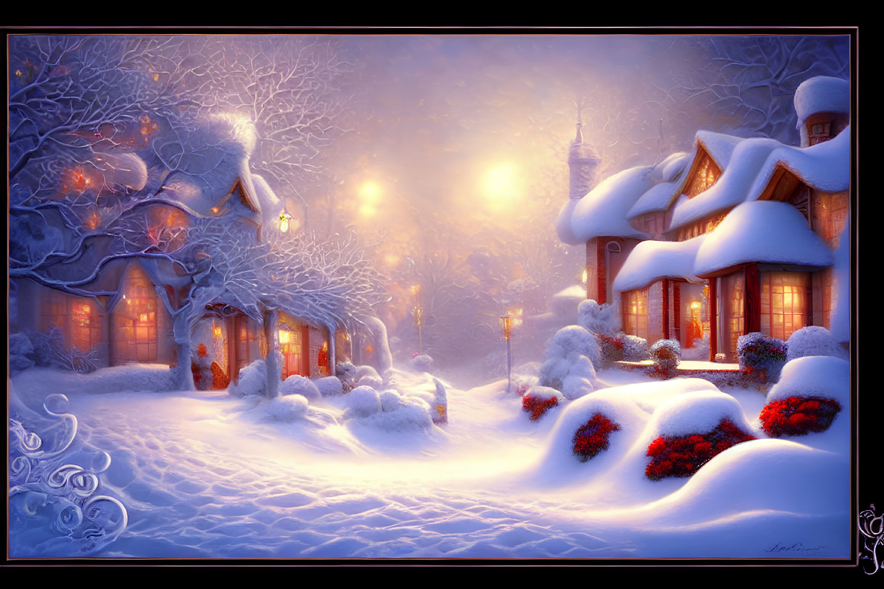 Snow-covered houses and lanterns in a whimsical winter scene