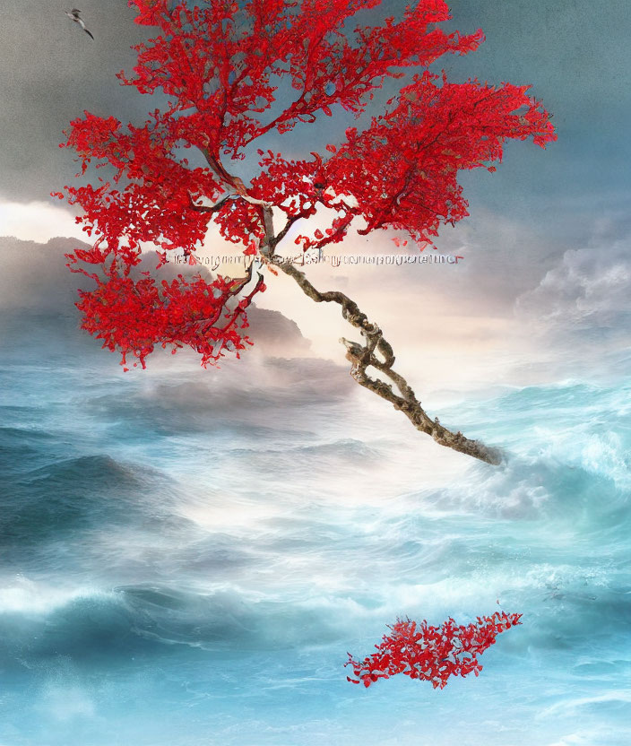 Red tree leaning over stormy ocean waves under dramatic sky