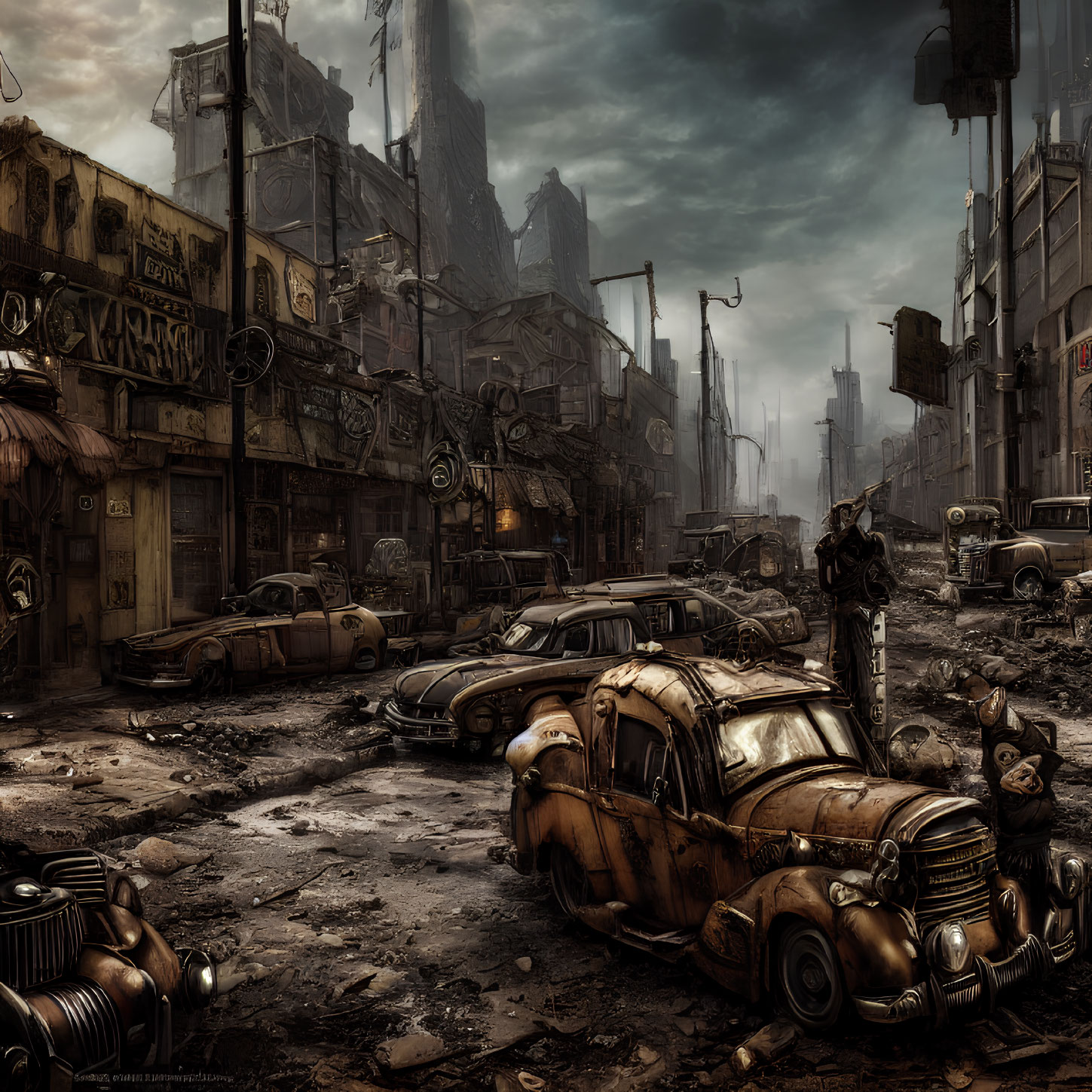 Desolate dystopian cityscape with abandoned cars and decaying buildings