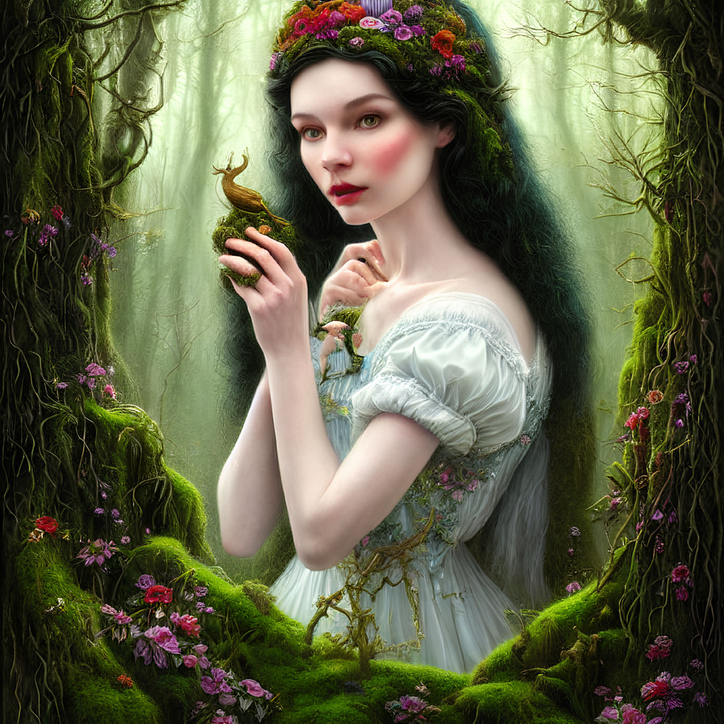 Woman in white dress with floral crown holding bird in mystical forest setting