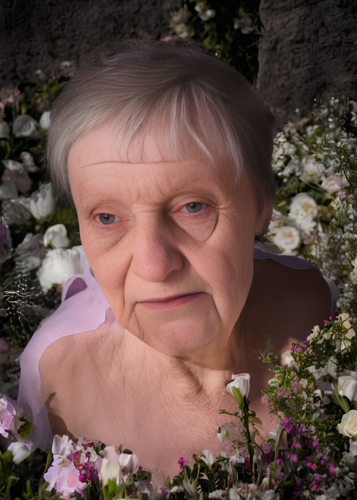 Elderly Woman with Short Grey Hair Surrounded by Pink and White Flowers