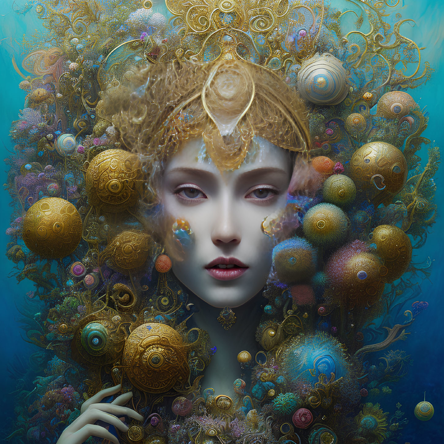 Vibrant surreal portrait with golden headpieces and marine elements