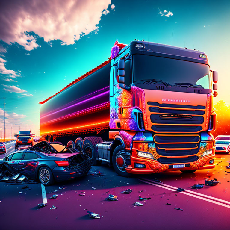 Surreal crash scene: oversized truck collides with sports car under pastel sky