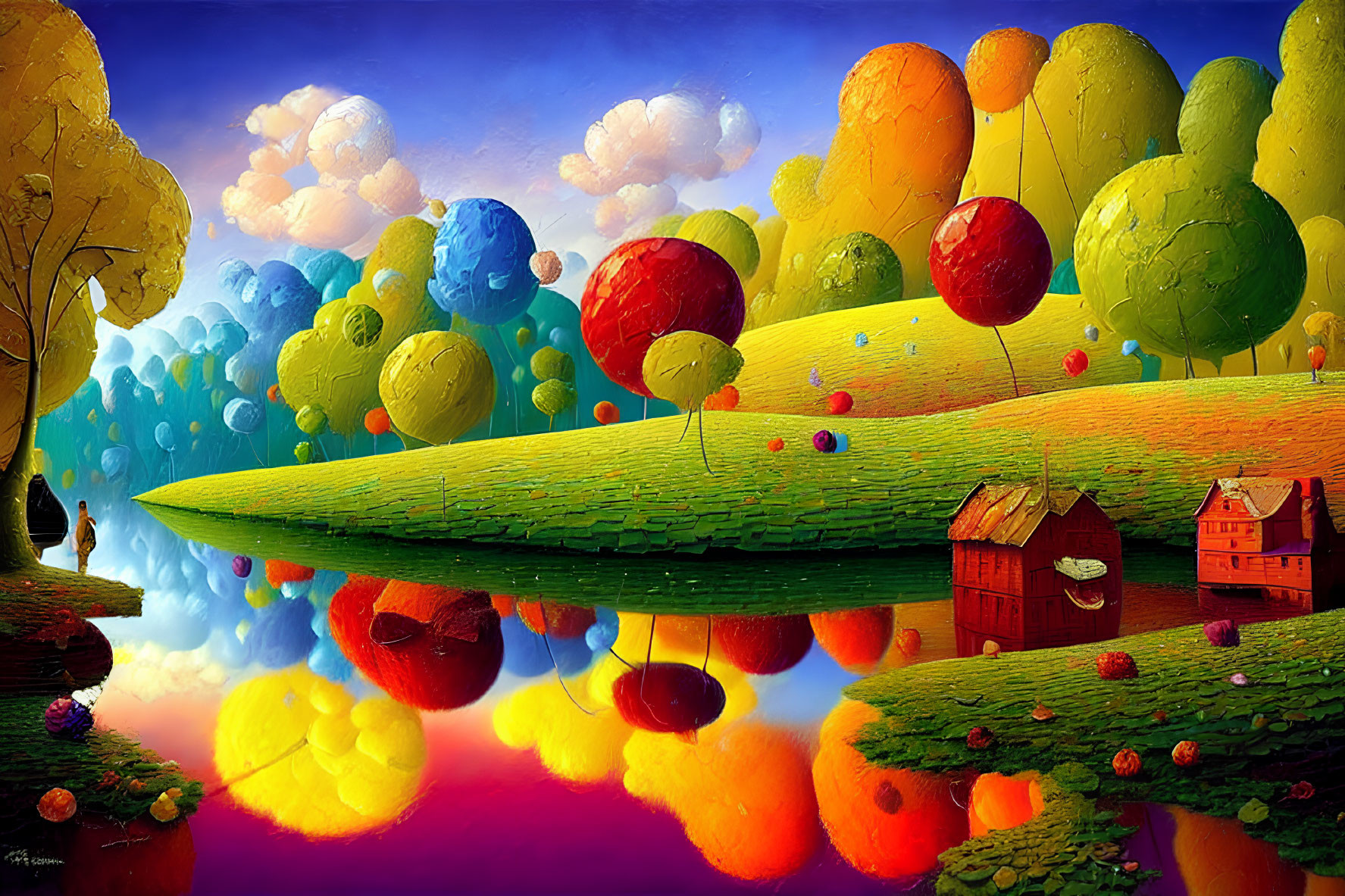 Colorful surreal landscape with balloon-like trees and whimsical houses