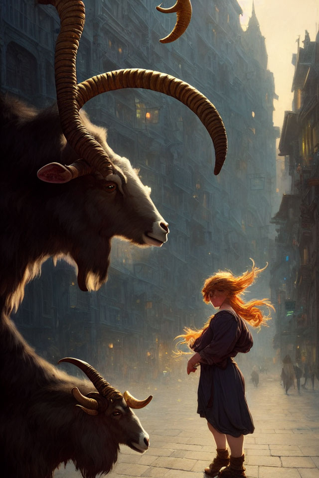 Medieval street scene with young girl and large goat under ethereal light