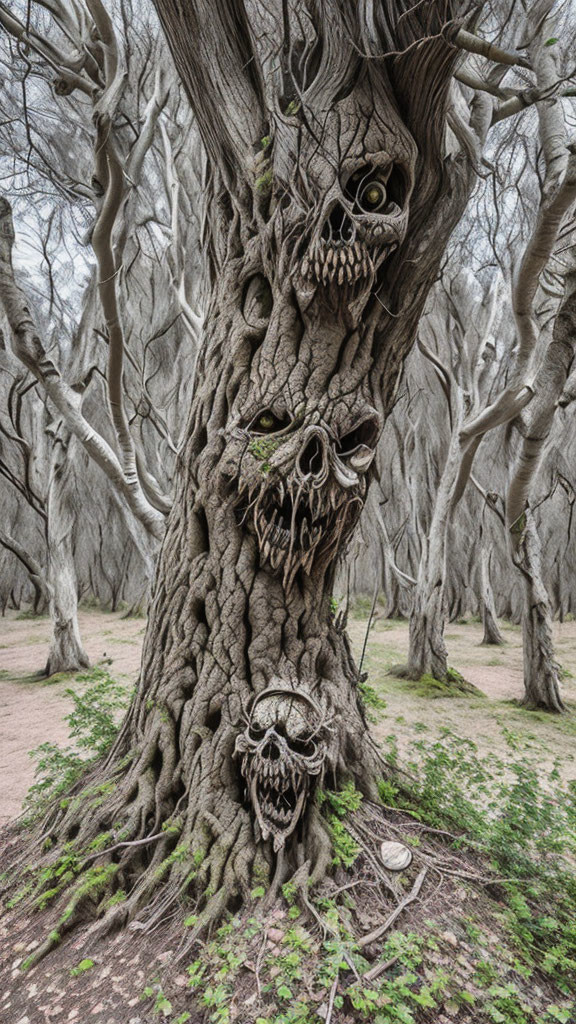 Surreal tree with faces and skulls integrated into gnarled trunk