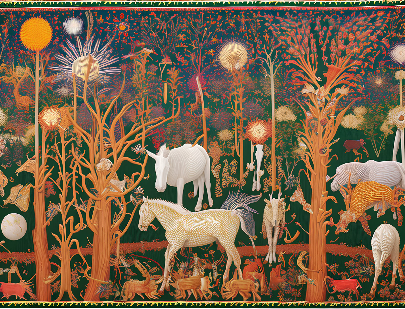 Colorful tapestry featuring stylized flora, fauna, and white horses in a lush garden landscape.