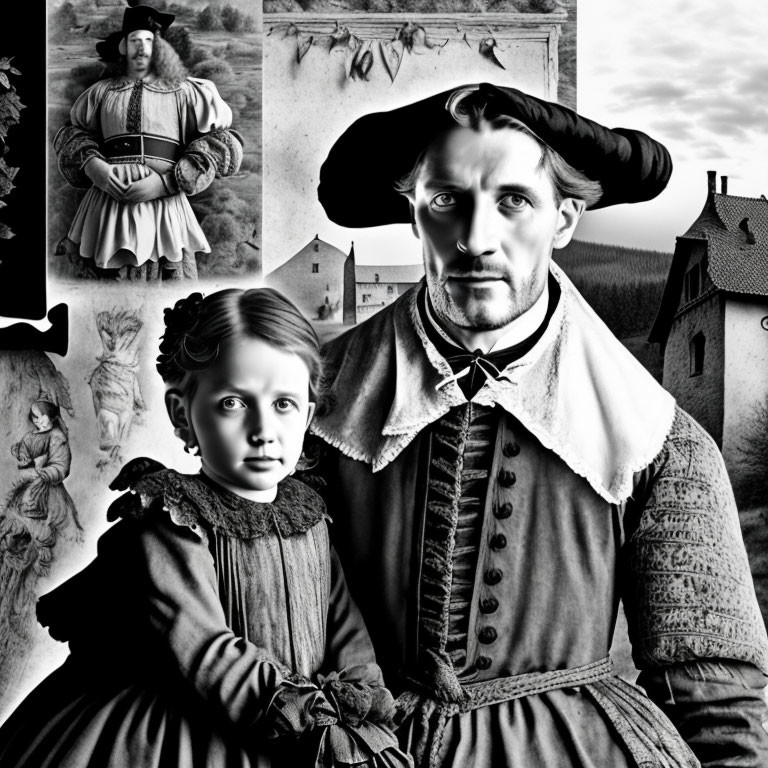 Monochrome historical figures collage with man in beret and child in vintage clothing