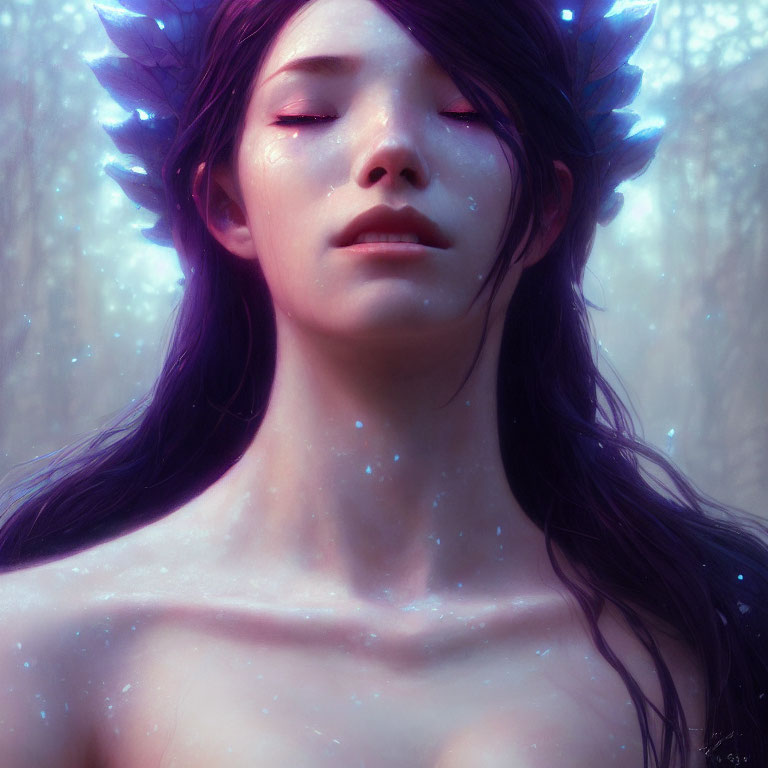 Illustration of woman with purple petal structures and glowing freckles in enchanted forest.