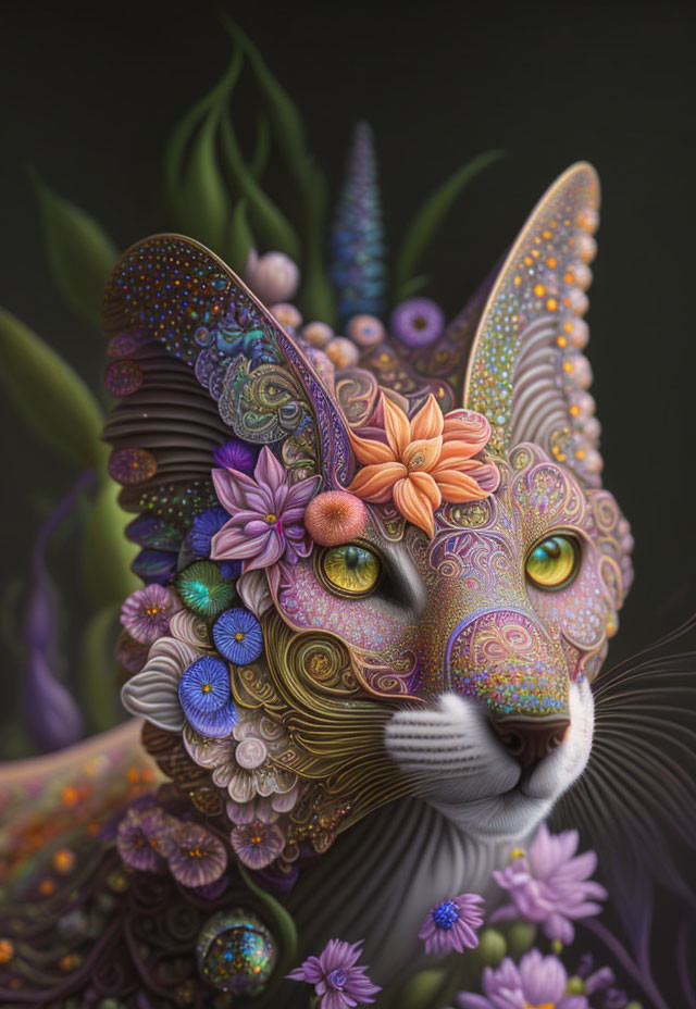 Detailed digital artwork of whimsical cat with floral and geometric patterns on dark background