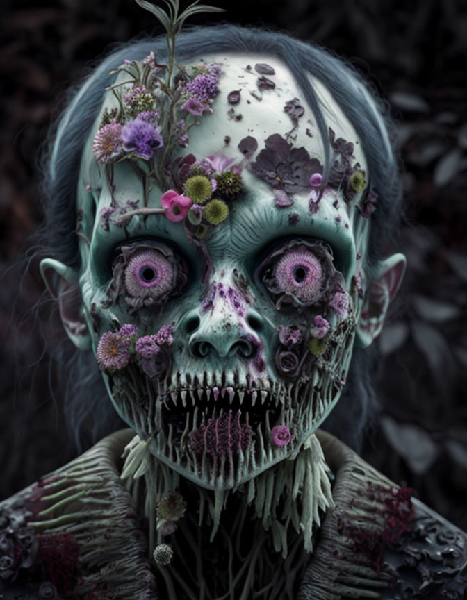 Skull-faced figure surrounded by flowers on dark background