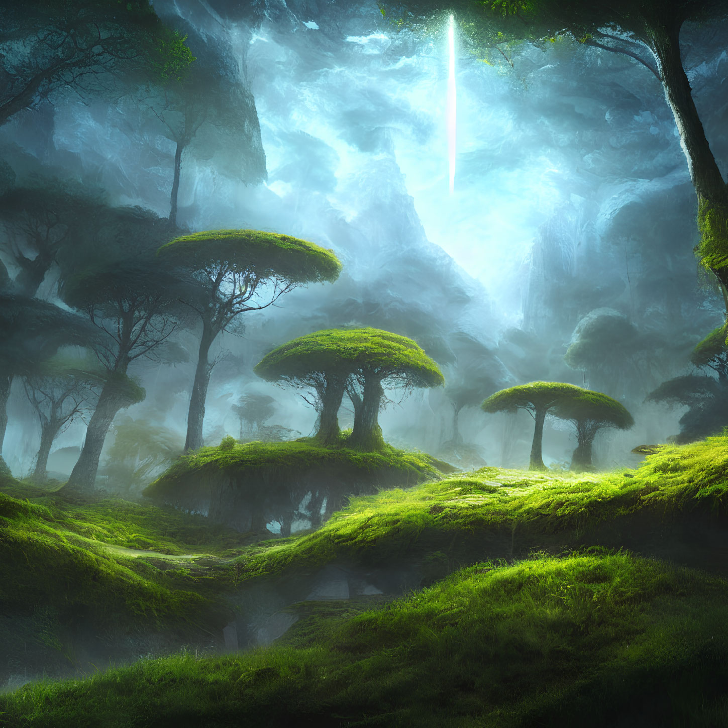 Moss-covered forest with flat-topped trees in celestial light